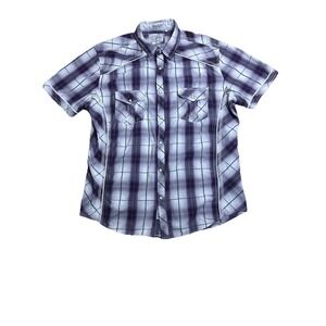 7 Diamonds Men XL Purple Gray Cotton Plaid Western Pearl Snap Short Sleeve Shirt